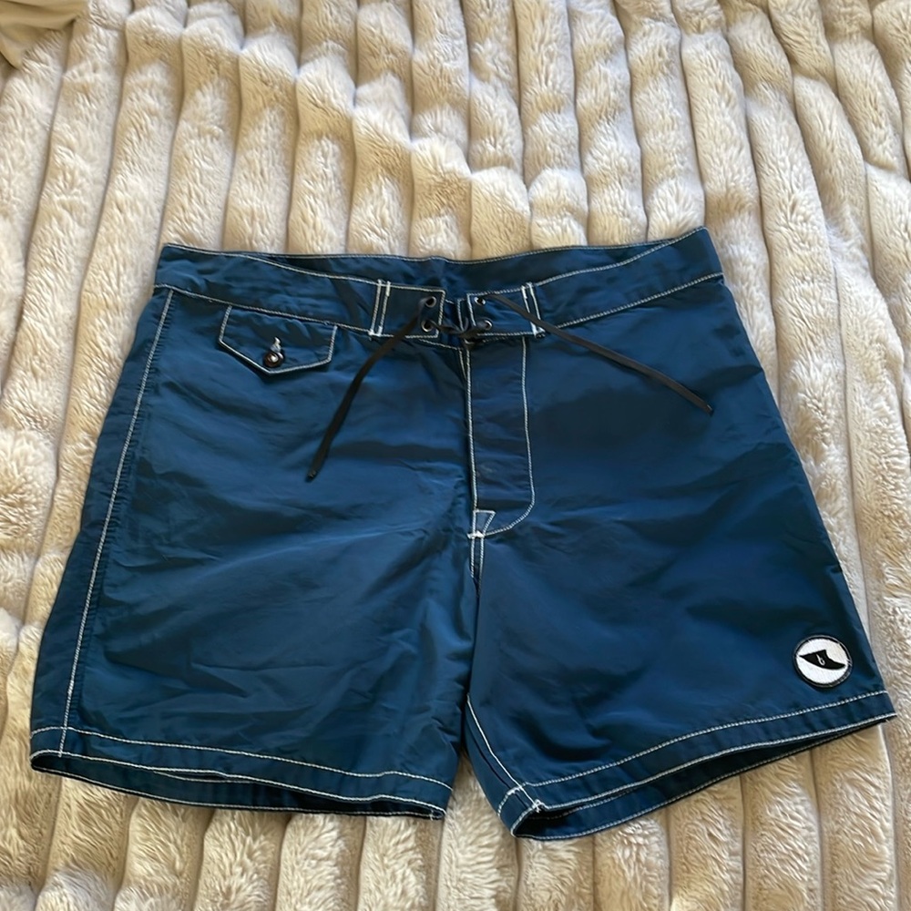 Trim Hawaii Surf Trunks / Boardshorts - blue/white - size 33. MADE IN THE USA